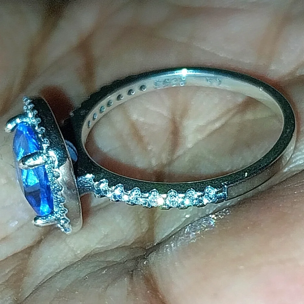 Blue Sapphire 925 Silver Halo Ring with Diamond Accents Sz 6